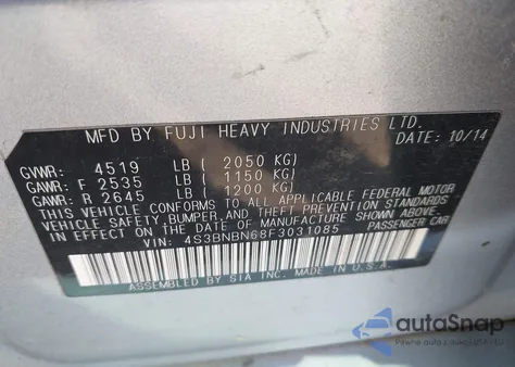 2015 Subaru Legacy 2.5I Limited z USA, uszkodzony, nr VIN 4S3BNBN68F3031085